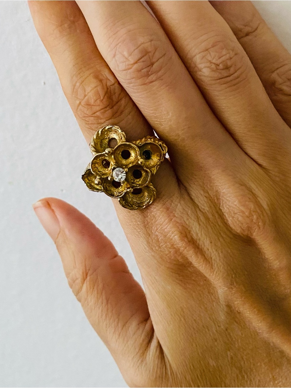 Gold Floral Statement Ring with Clear Accent